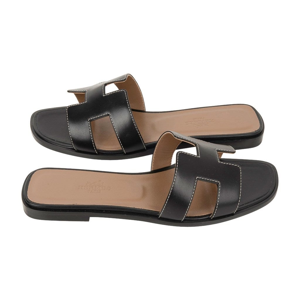 Hermès Oran Sandals – Black Calfskin with White Top Stitch