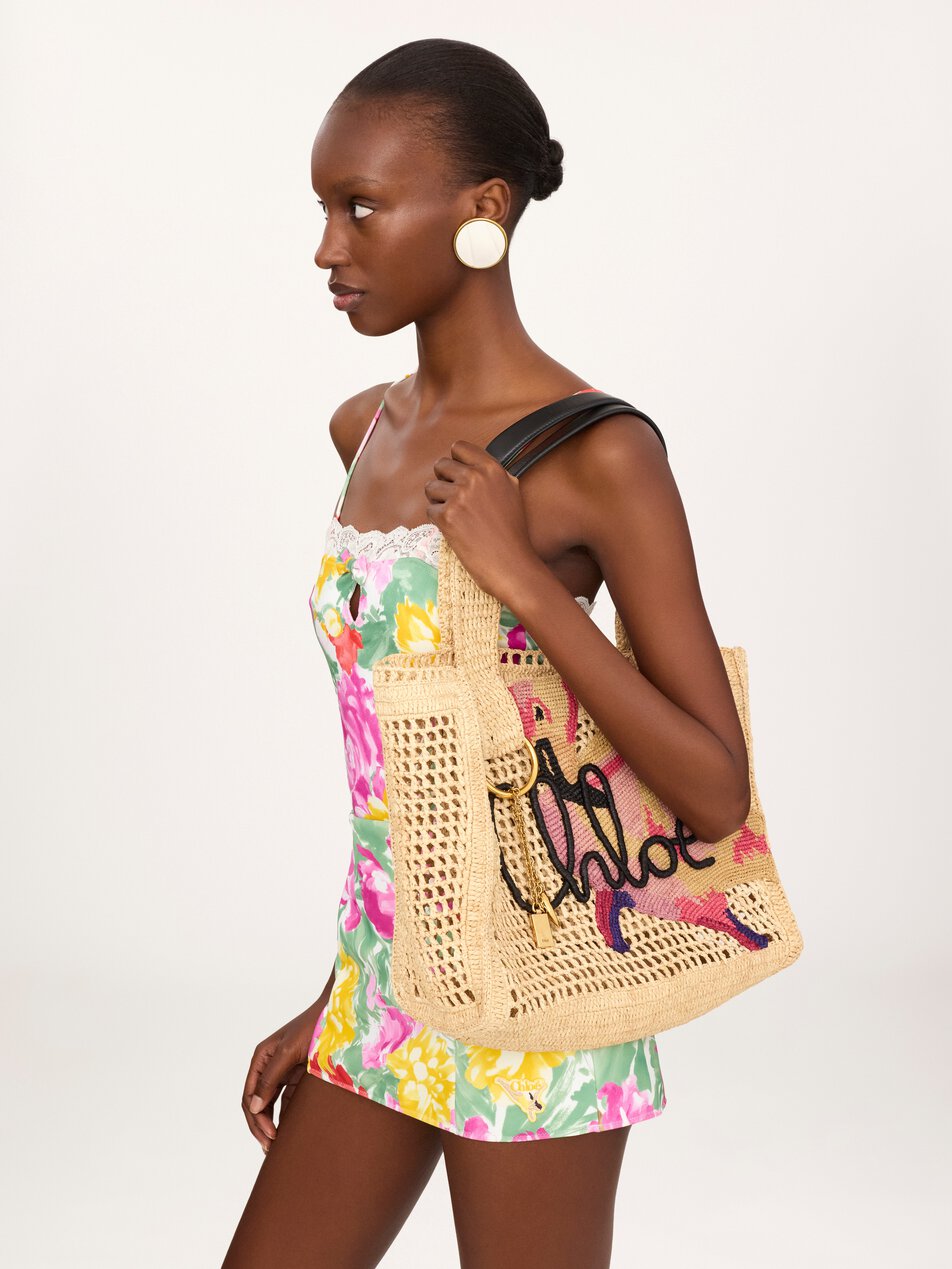CHLOE Summer Banana east-west tote bag in raffia Multicolor Beige by CHLOE