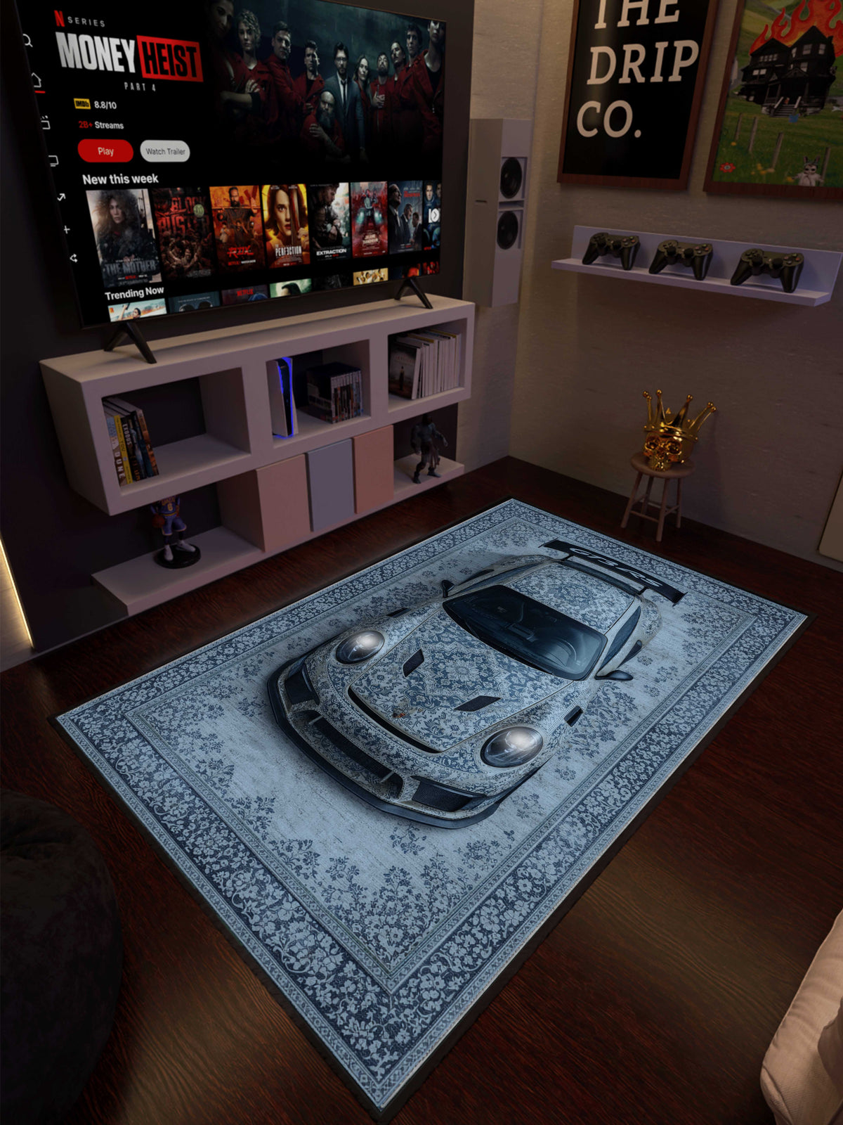 Blue Sports car traditional design Washable Custom Rug by THE DRIP CO. RUGS