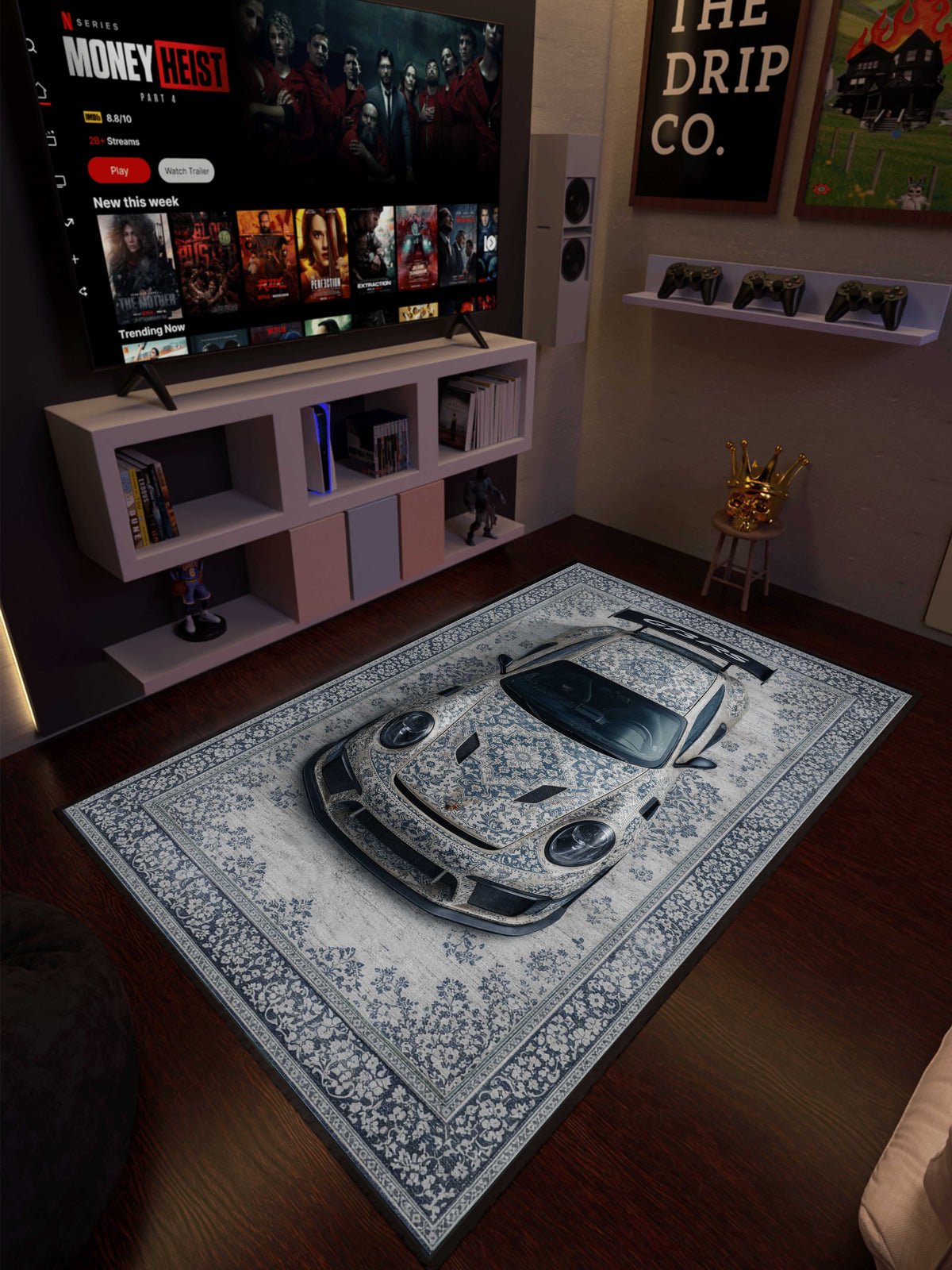 Monochrome Sports car traditional design Washable Custom Rug by THE DRIP CO. RUGS
