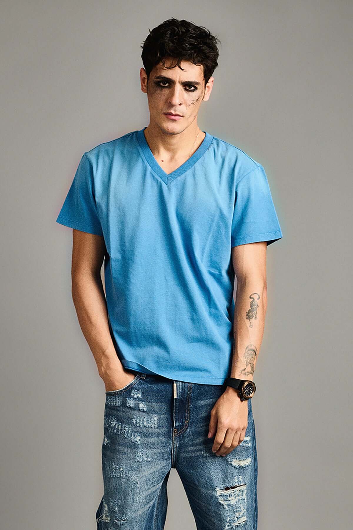 FADED BLUE V-NECK TEE- Unisex by Temporary Clo