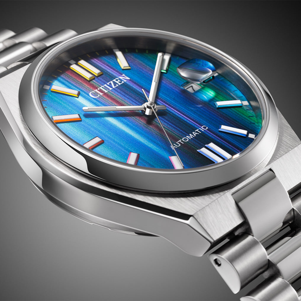 Citizen Tsuyosa Automatic Multicolour Striped Dial Men's Watch NJ0151-53W - angled dial close-up