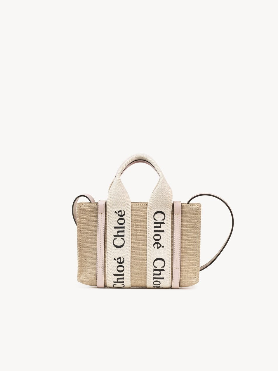 CHLOE Mini Woody tote bag in linen Cement Pink by CHLOE