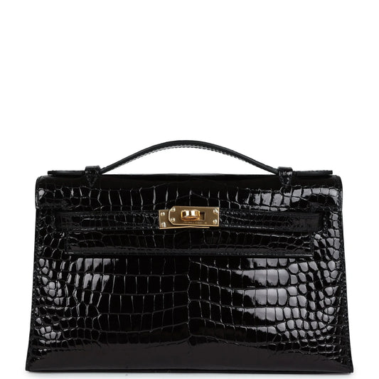 Hermès Kelly Pochette – Black Shiny Porosus Crocodile with Gold Hardware - Zeuskicks
