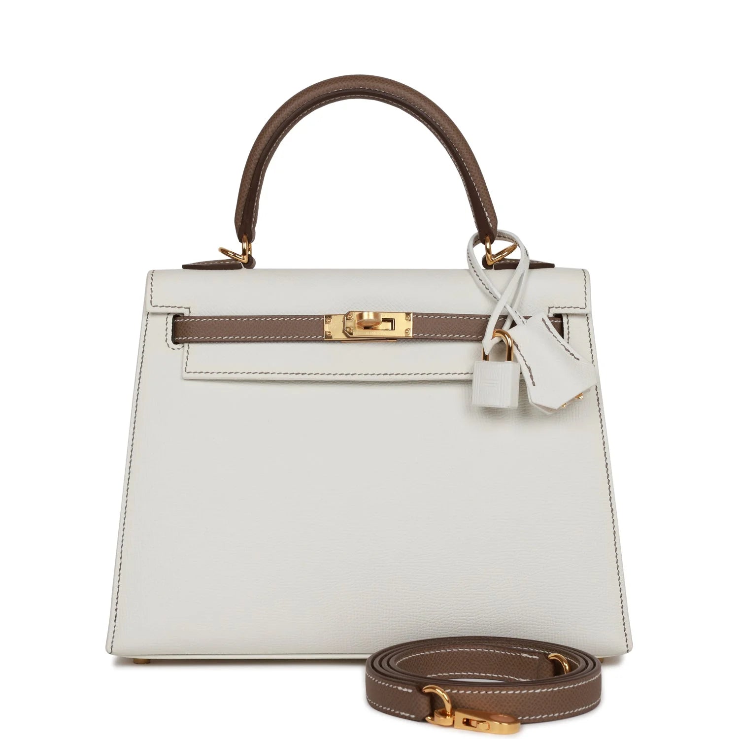 Hermès Special Order (HSS) Kelly Sellier 25 – White & Etoupe Epsom Leather with Gold Hardware - Zeuskicks