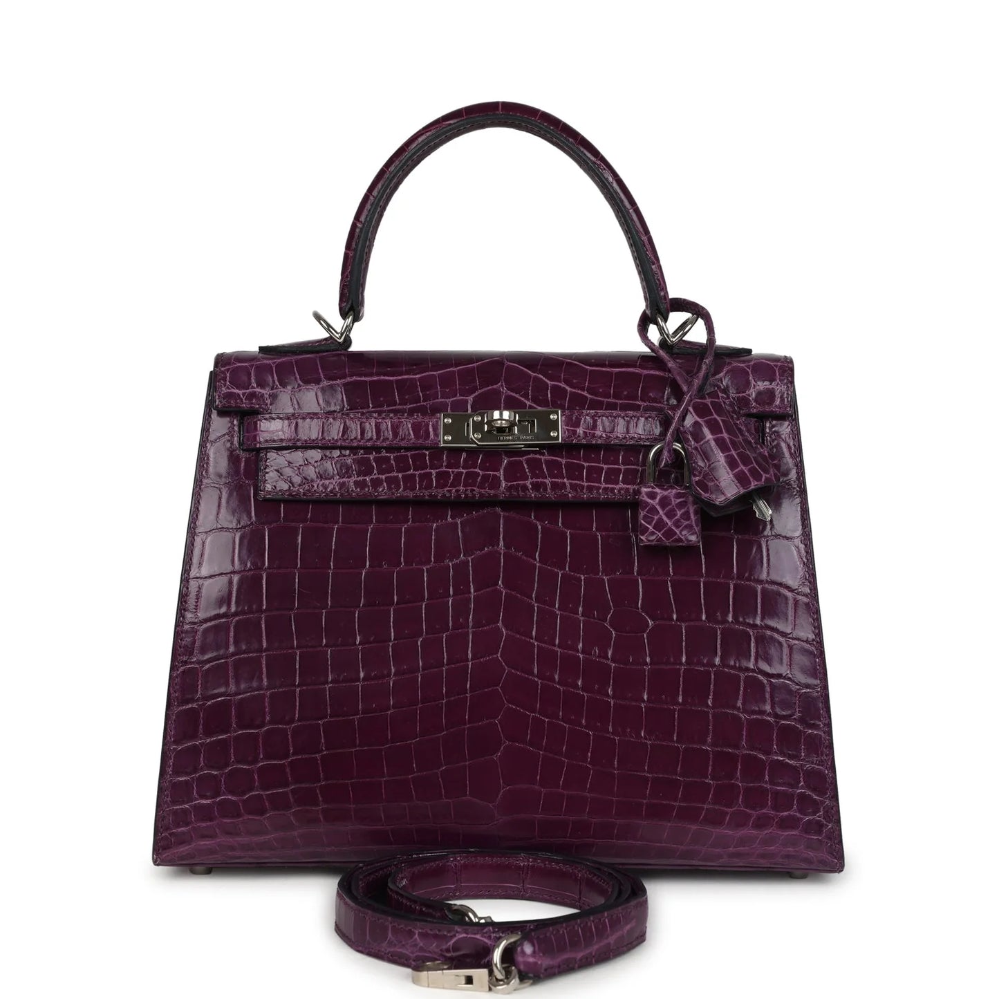 Hermès Kelly Sellier 25 – Amethyst Shiny Niloticus Crocodile with Palladium Hardware - Zeuskicks