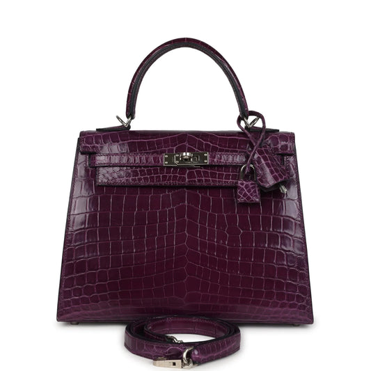 Hermès Kelly Sellier 25 – Amethyst Shiny Niloticus Crocodile with Palladium Hardware - Zeuskicks