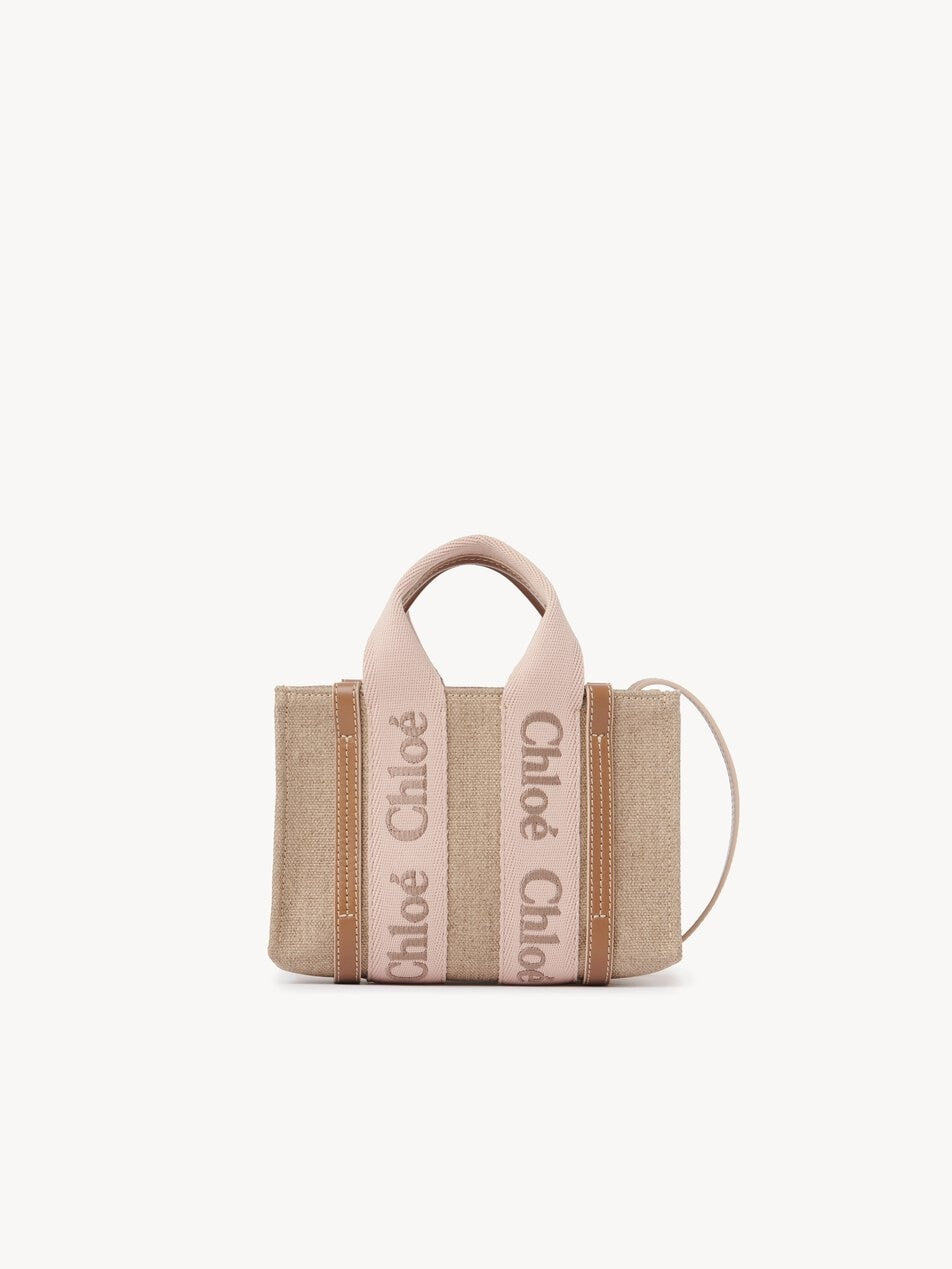 CHLOE Mini Woody tote bag in linen Blushy Beige by CHLOE