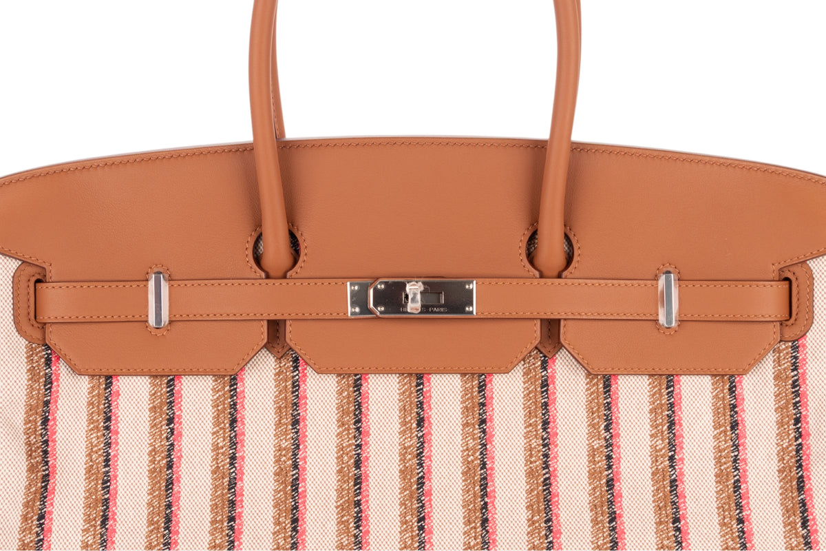 Hermès Shoulder Birkin 39 Broderie Rayures Gold Multicolor Swift & Toile H Palladium Hardware - view 7