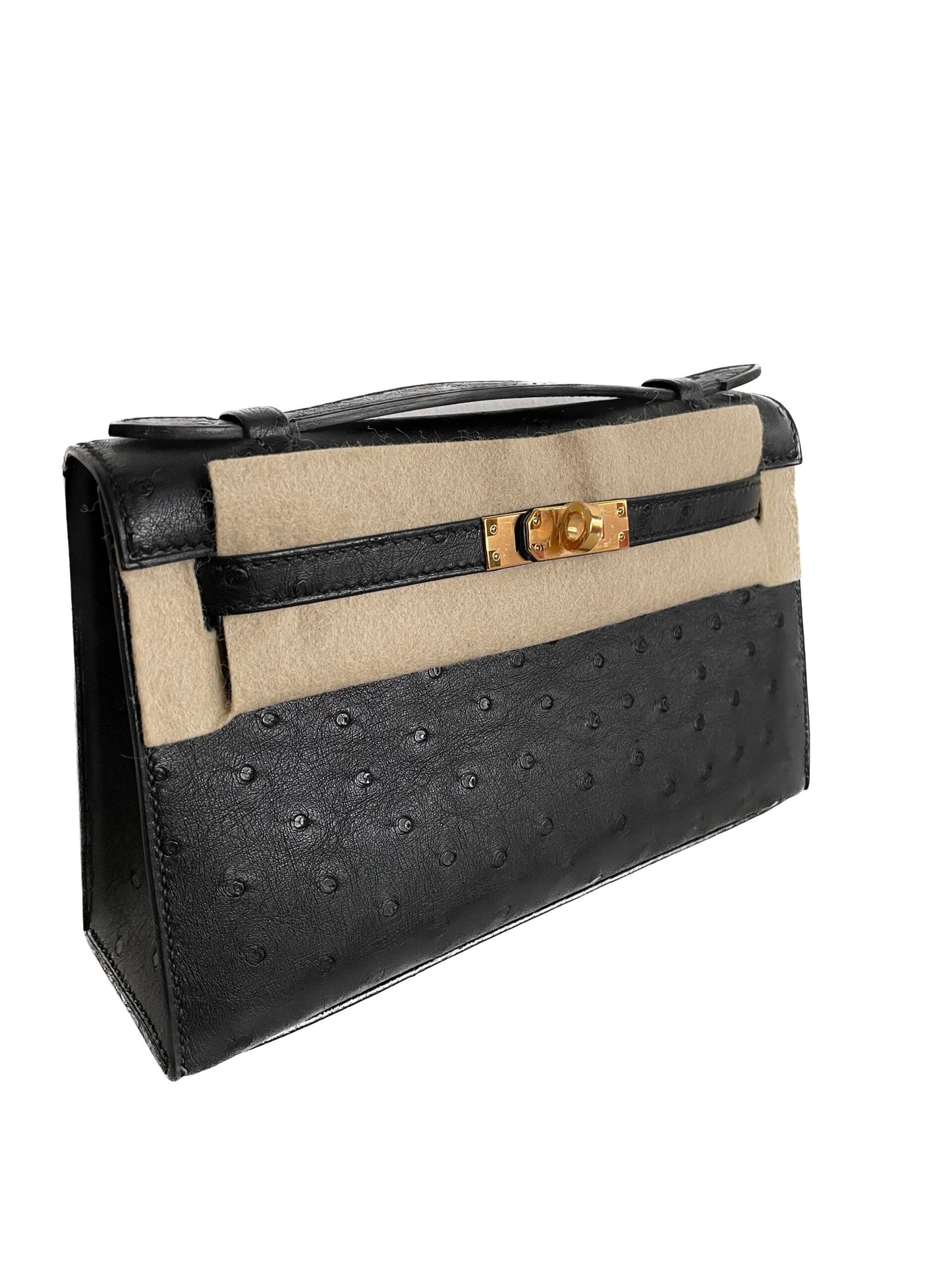 Hermès Kelly Pochette – Black Ostrich with Gold Hardware