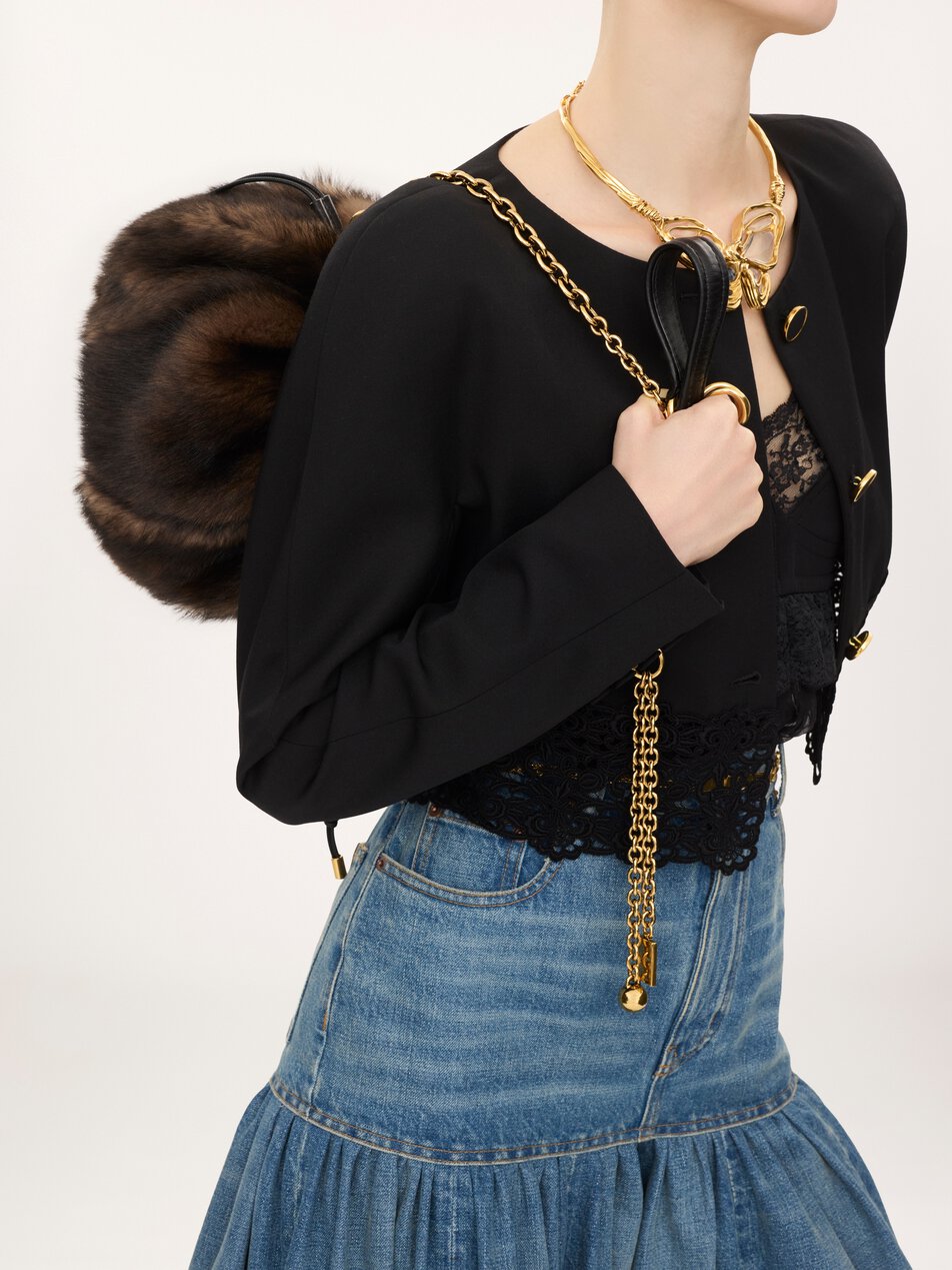 CHLOE Plissé shoulder bag with chain in shearling Kohl Brown by CHLOE