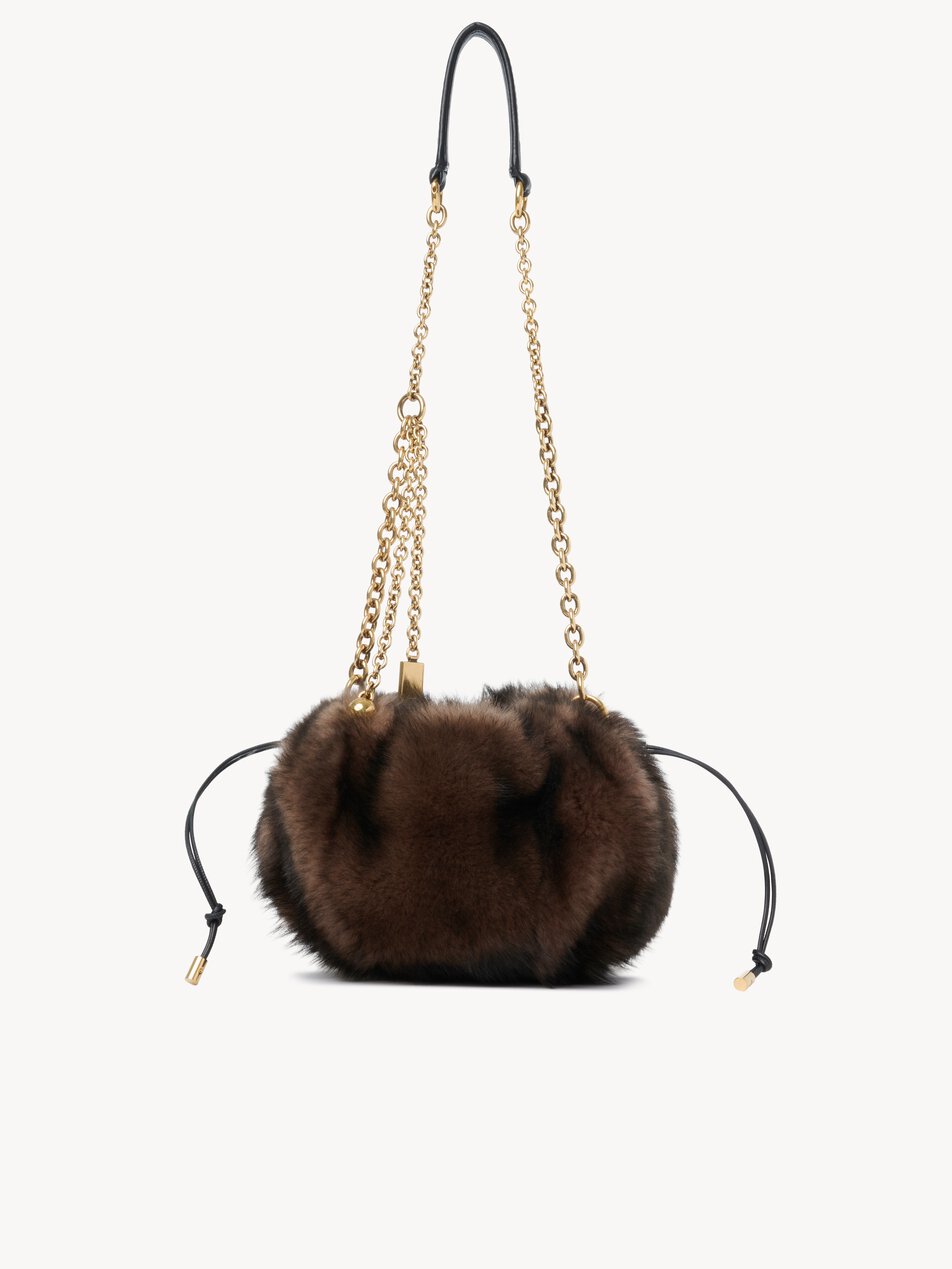 CHLOE Plissé shoulder bag with chain in shearling Kohl Brown by CHLOE