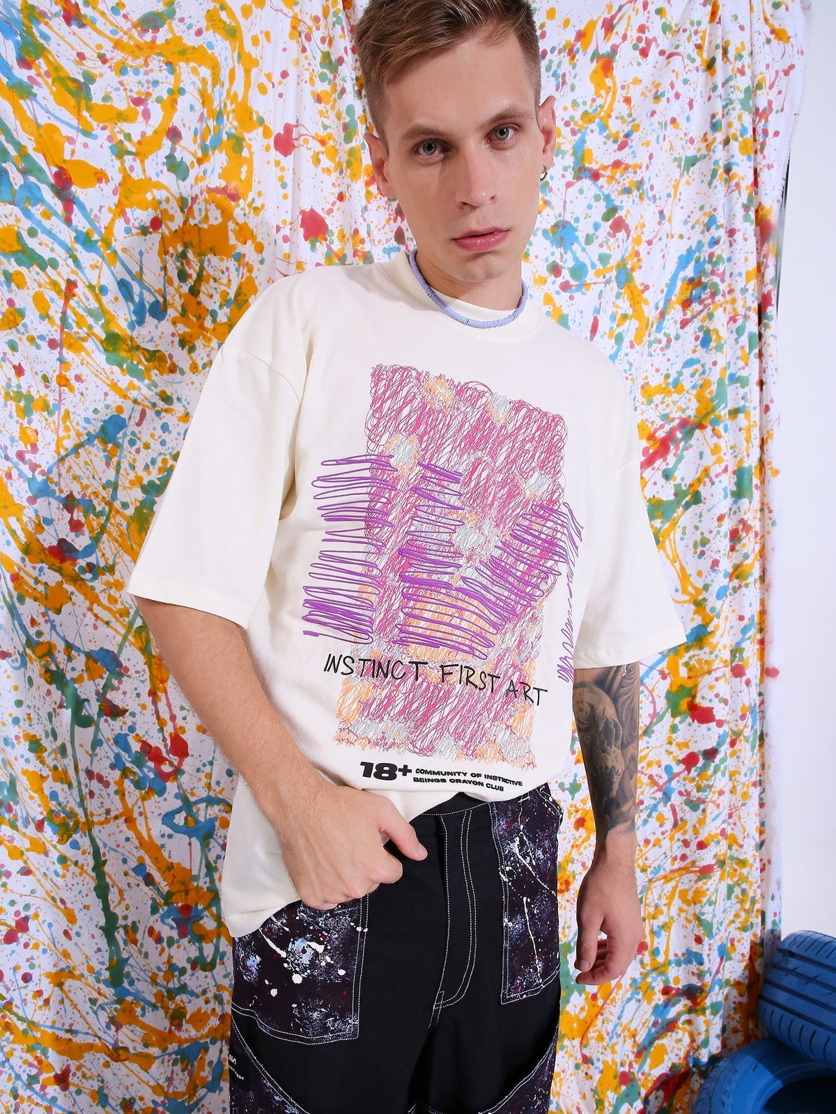 Crayon Art- Oversized T-shirt (White) by Instinct First
