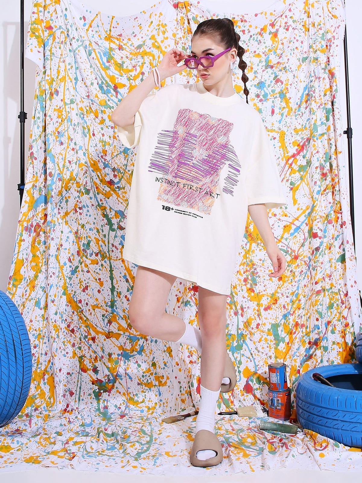 Crayon Art- Oversized T-shirt (White) by Instinct First