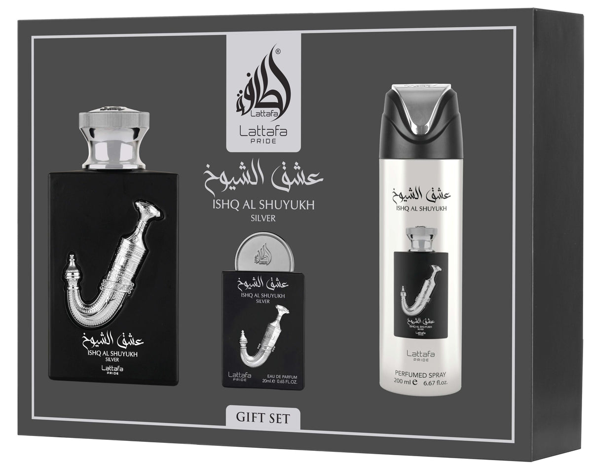 Lattafa Ishq Al Shuyukh Silver 3-Piece Gift Set official product image