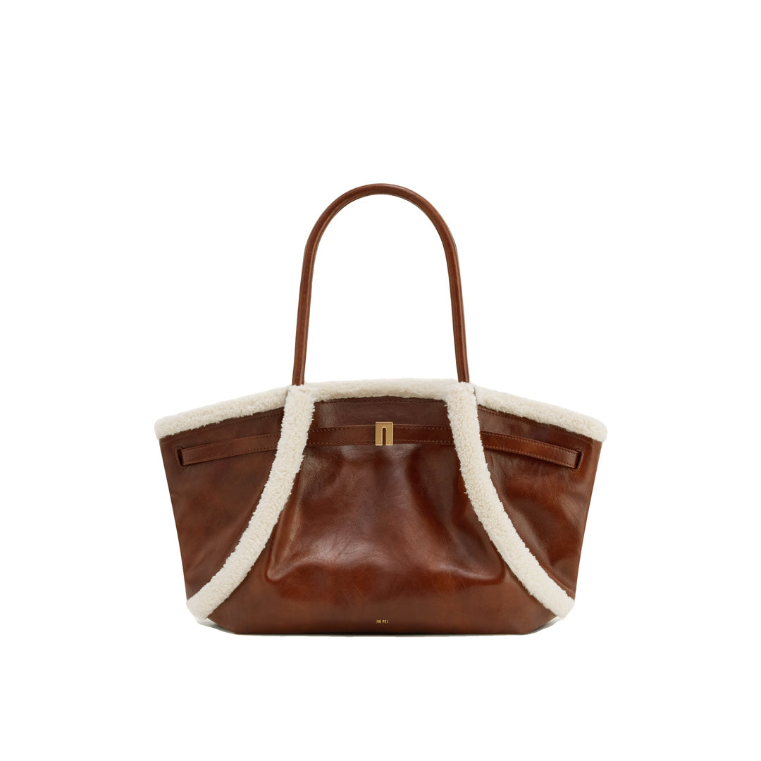 JW PEI Hana Medium Faux Shearling Trim Tote Bag - Brown by JW PEI