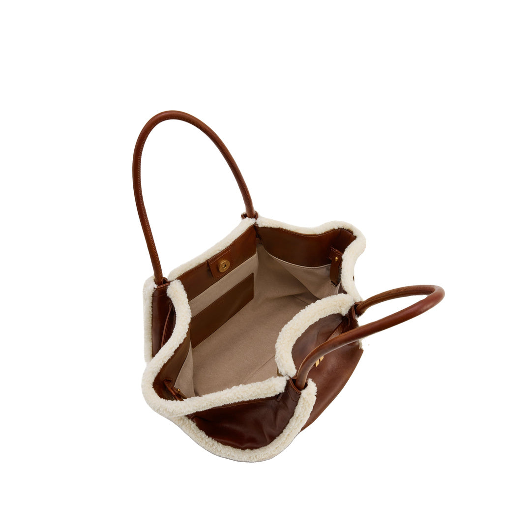 JW PEI Hana Medium Faux Shearling Trim Tote Bag - Brown by JW PEI