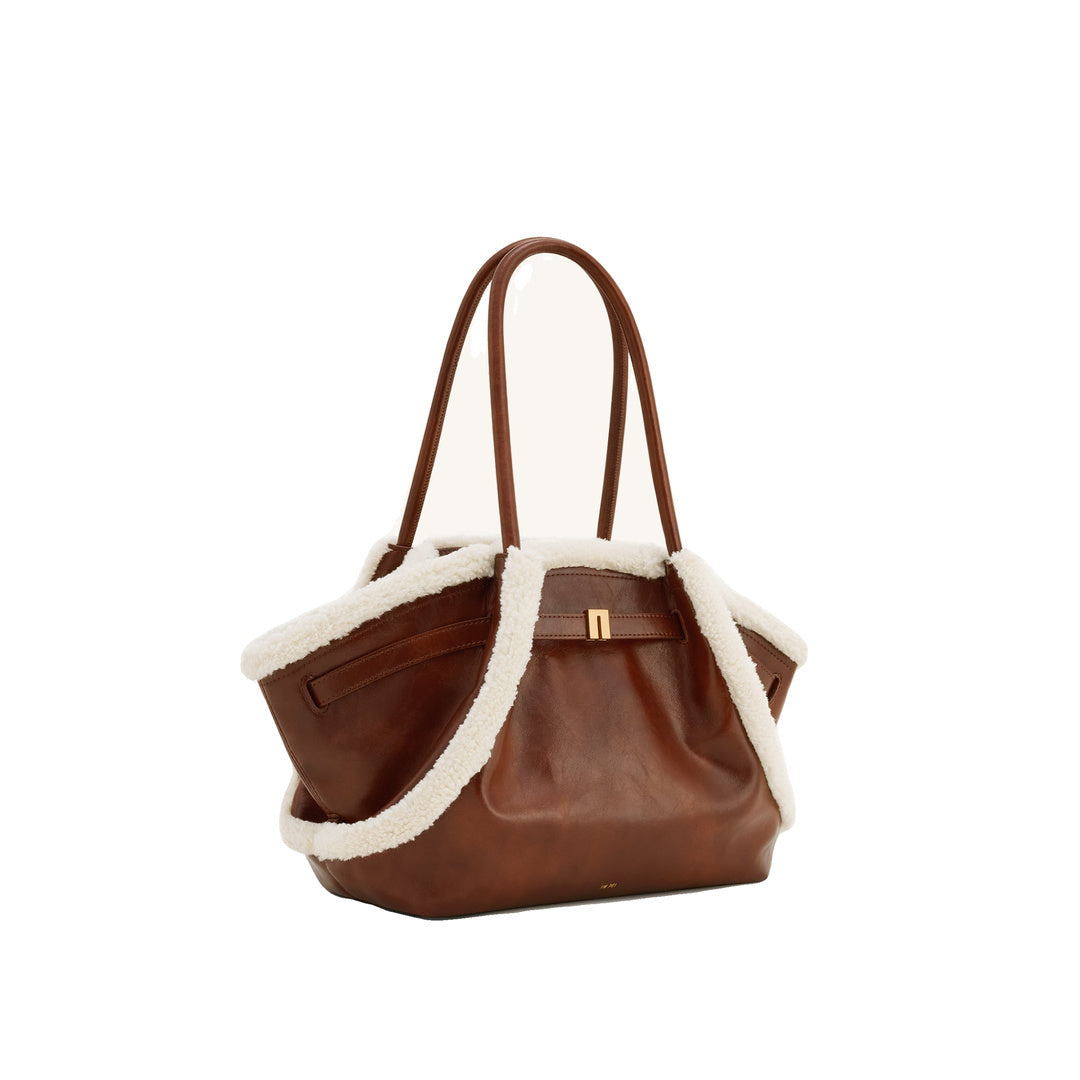 JW PEI Hana Medium Faux Shearling Trim Tote Bag - Brown by JW PEI