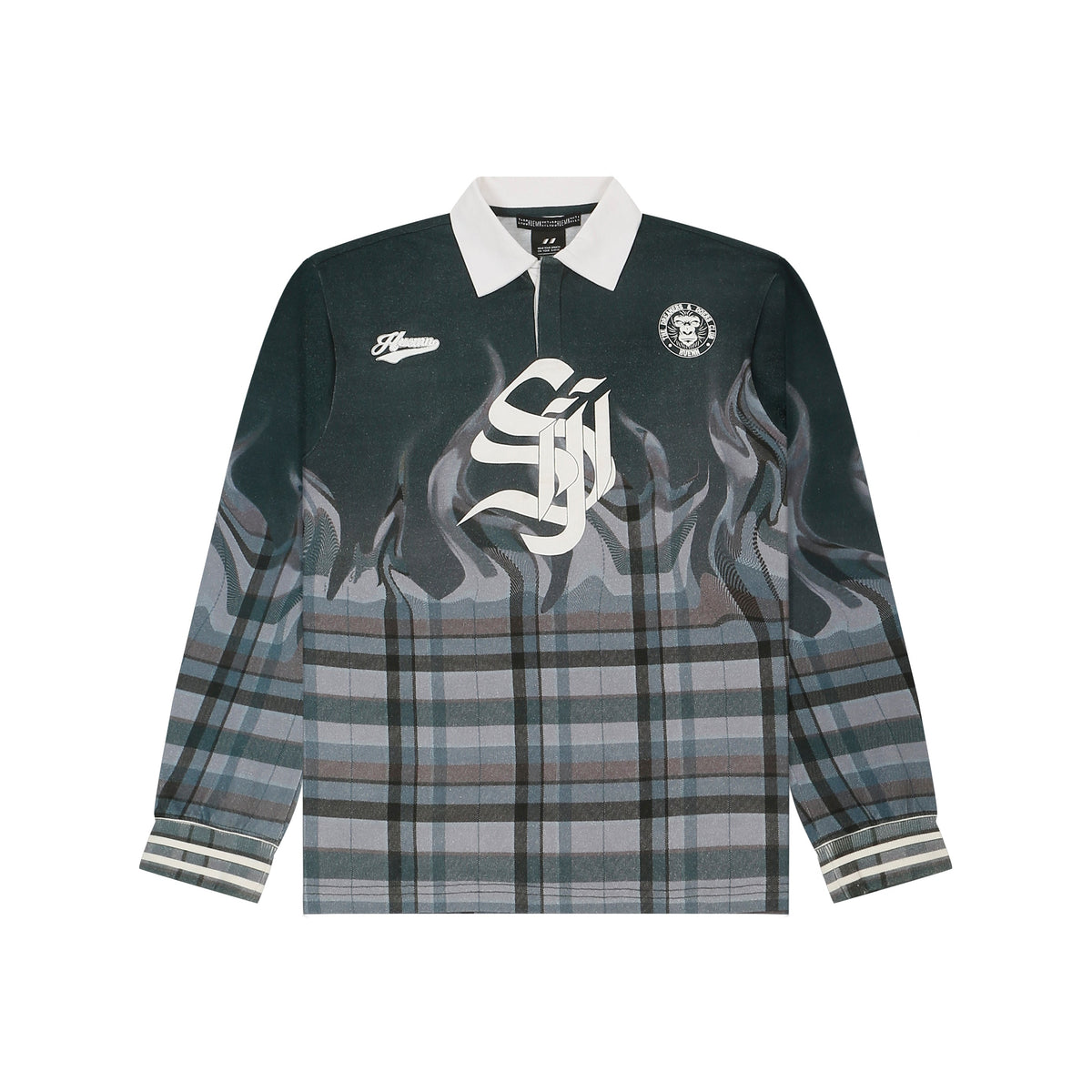 Shreyas Iyer x HUEMN 'SI' monogram full sleeved t-shirt in checkered flame pattern (Green) by HUEMN