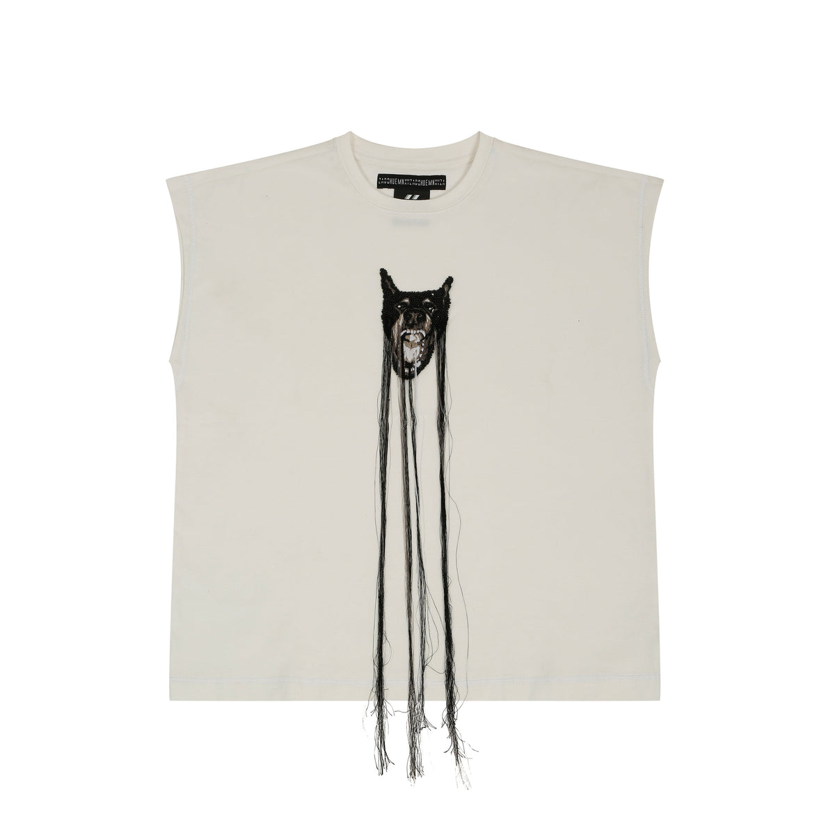 Hand-embroidered canine top with hanging silk threads (Men's) - White by HUEMN