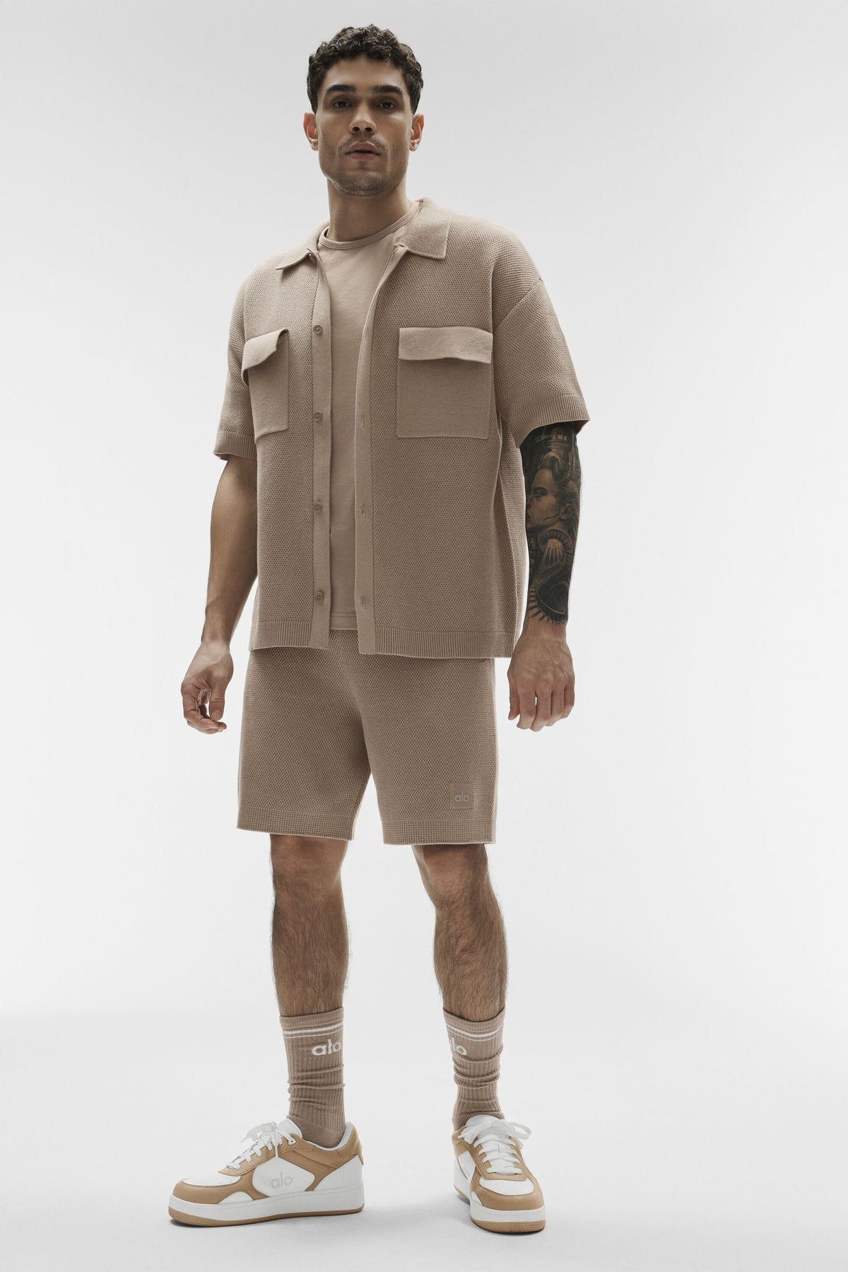 Alo Yoga Sports Club Sweater Knit Short Sleeve Button Up in Gravel, product image 6 of 7