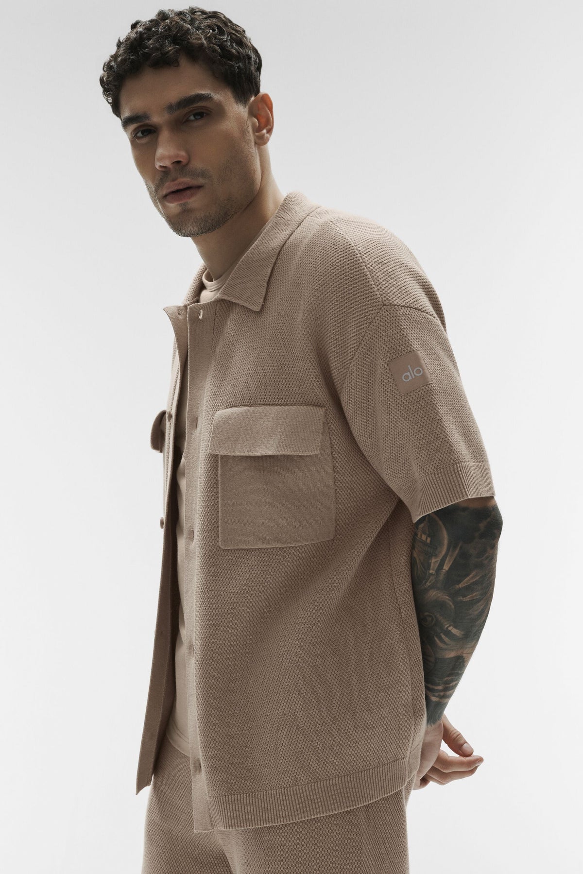 Alo Yoga Sports Club Sweater Knit Short Sleeve Button Up in Gravel