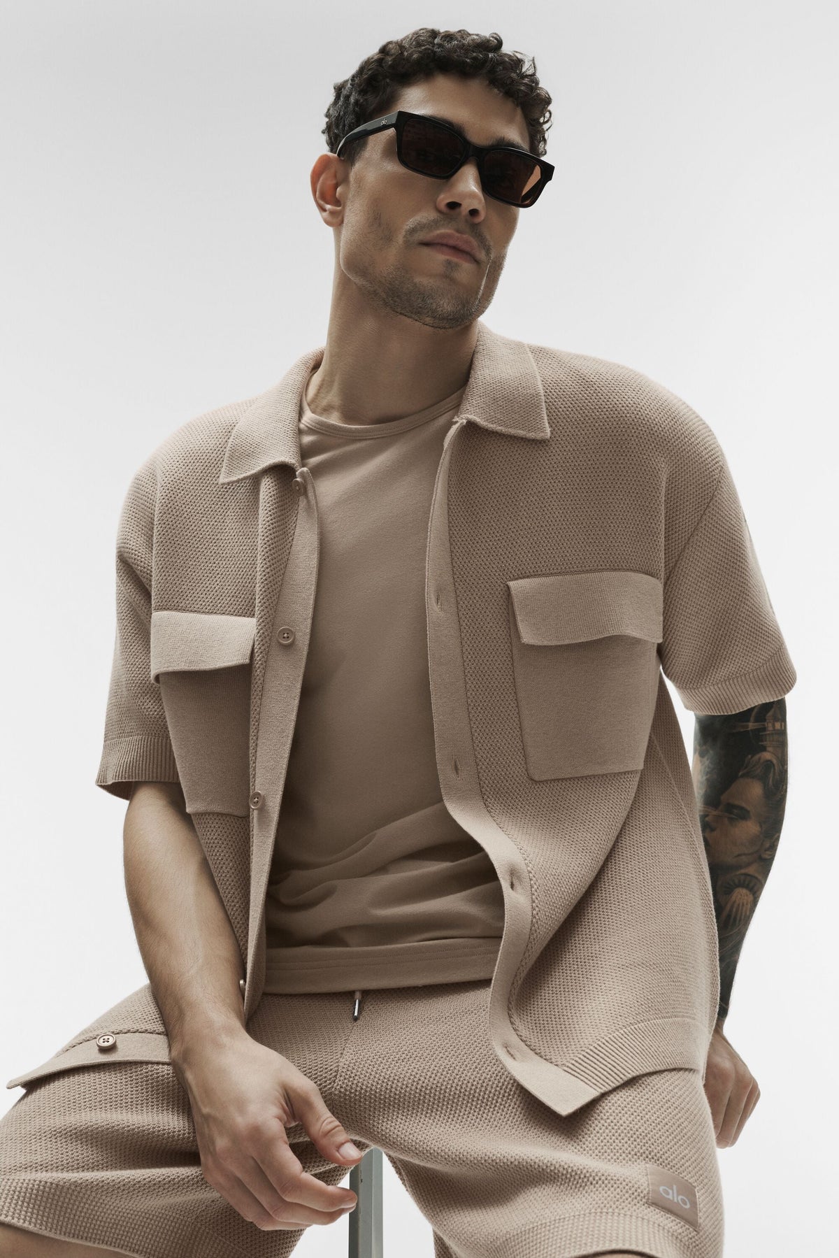 Alo Yoga Sports Club Sweater Knit Short Sleeve Button Up in Gravel, product image 4 of 7