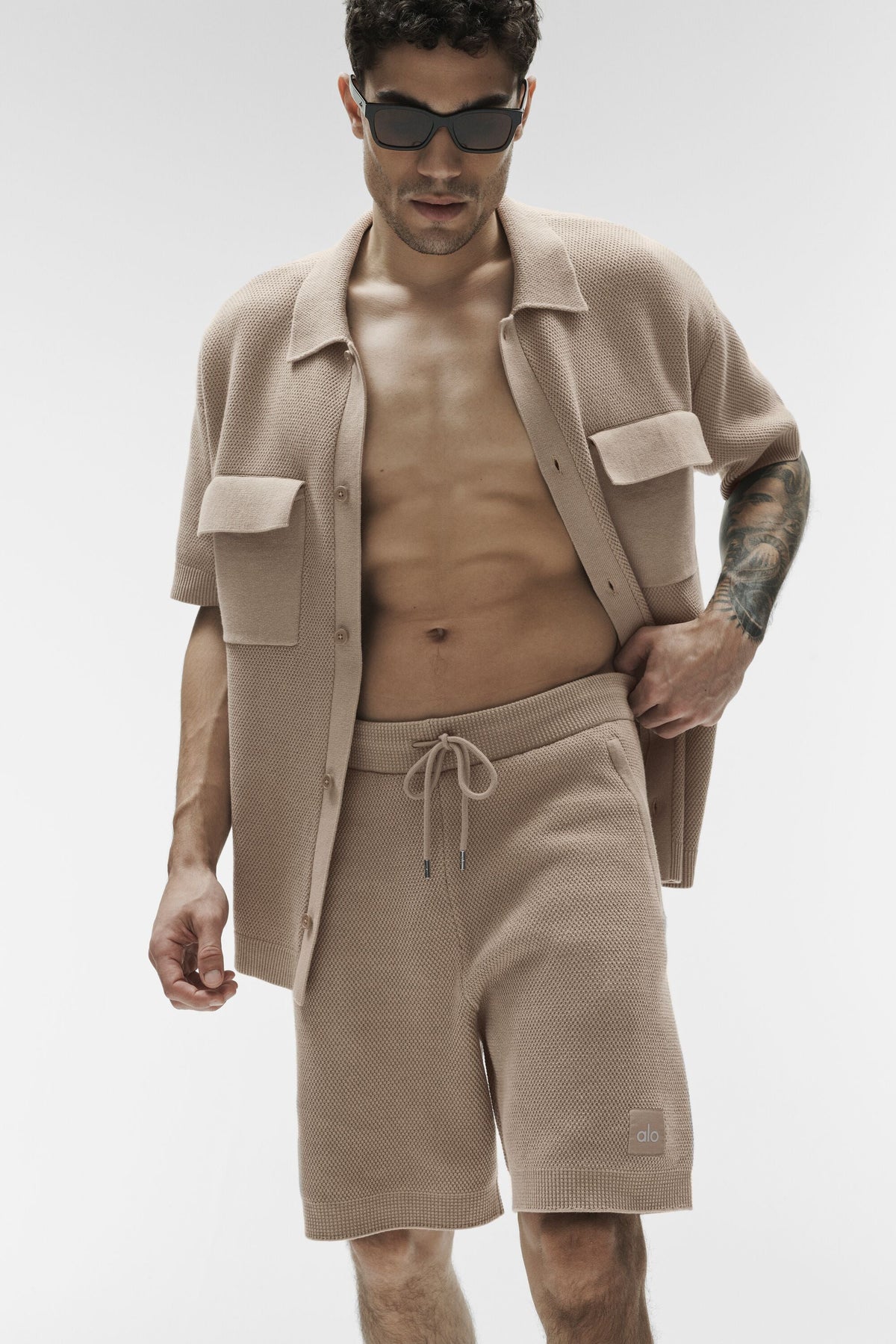 Alo Yoga Sports Club Sweater Knit Short Sleeve Button Up in Gravel, product image 5 of 7