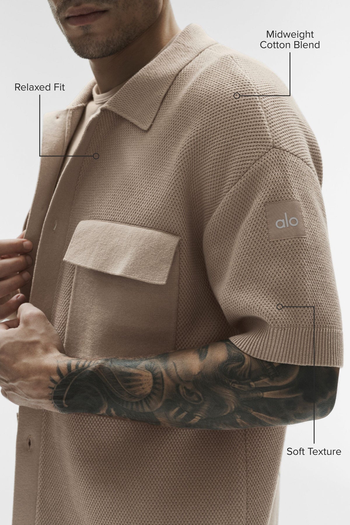 Alo Yoga Sports Club Sweater Knit Short Sleeve Button Up in Gravel, product image 2 of 7