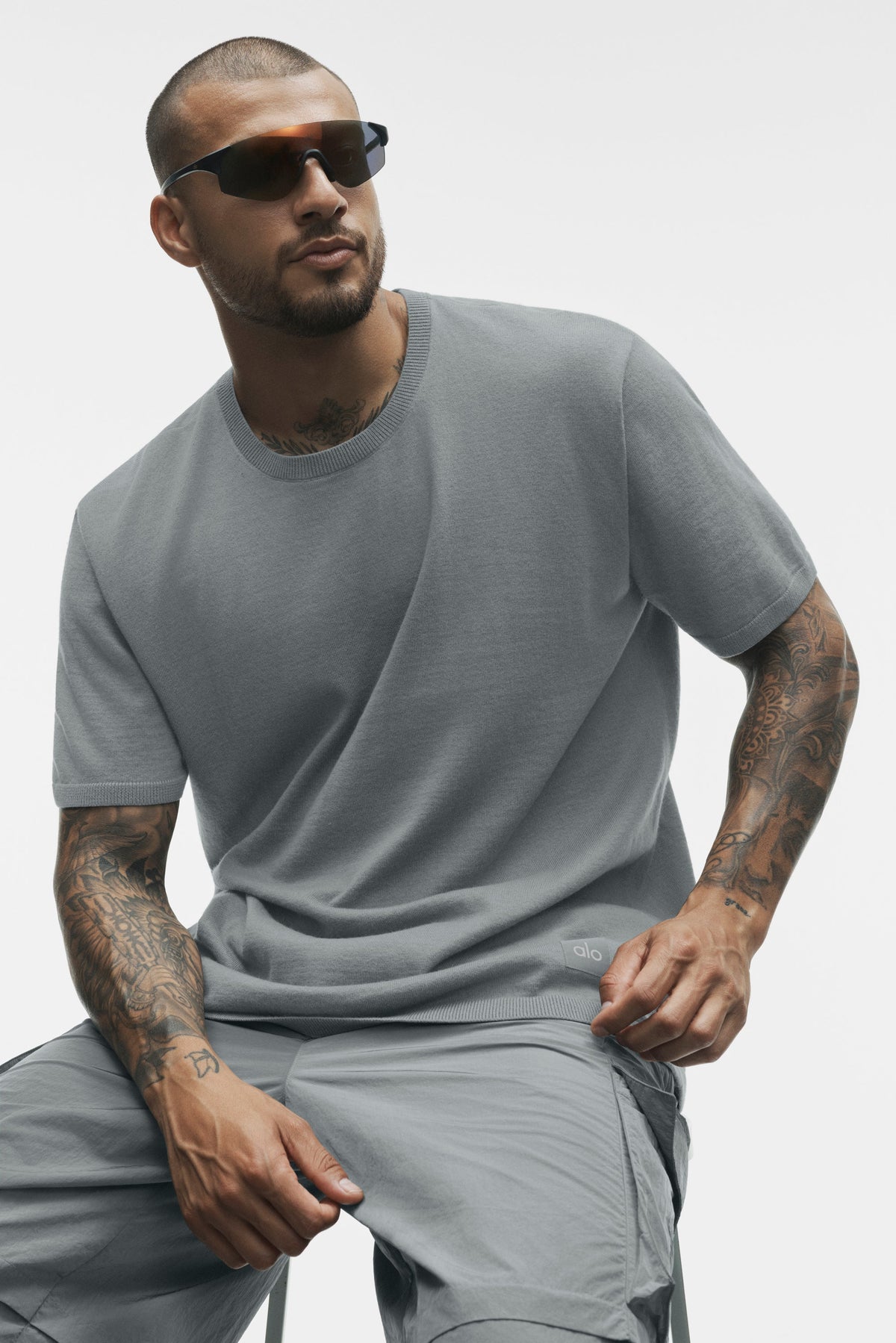Alo Yoga Cashmere Blend Ever Soft Short Sleeve Crew in Monument, product image 3 of 5