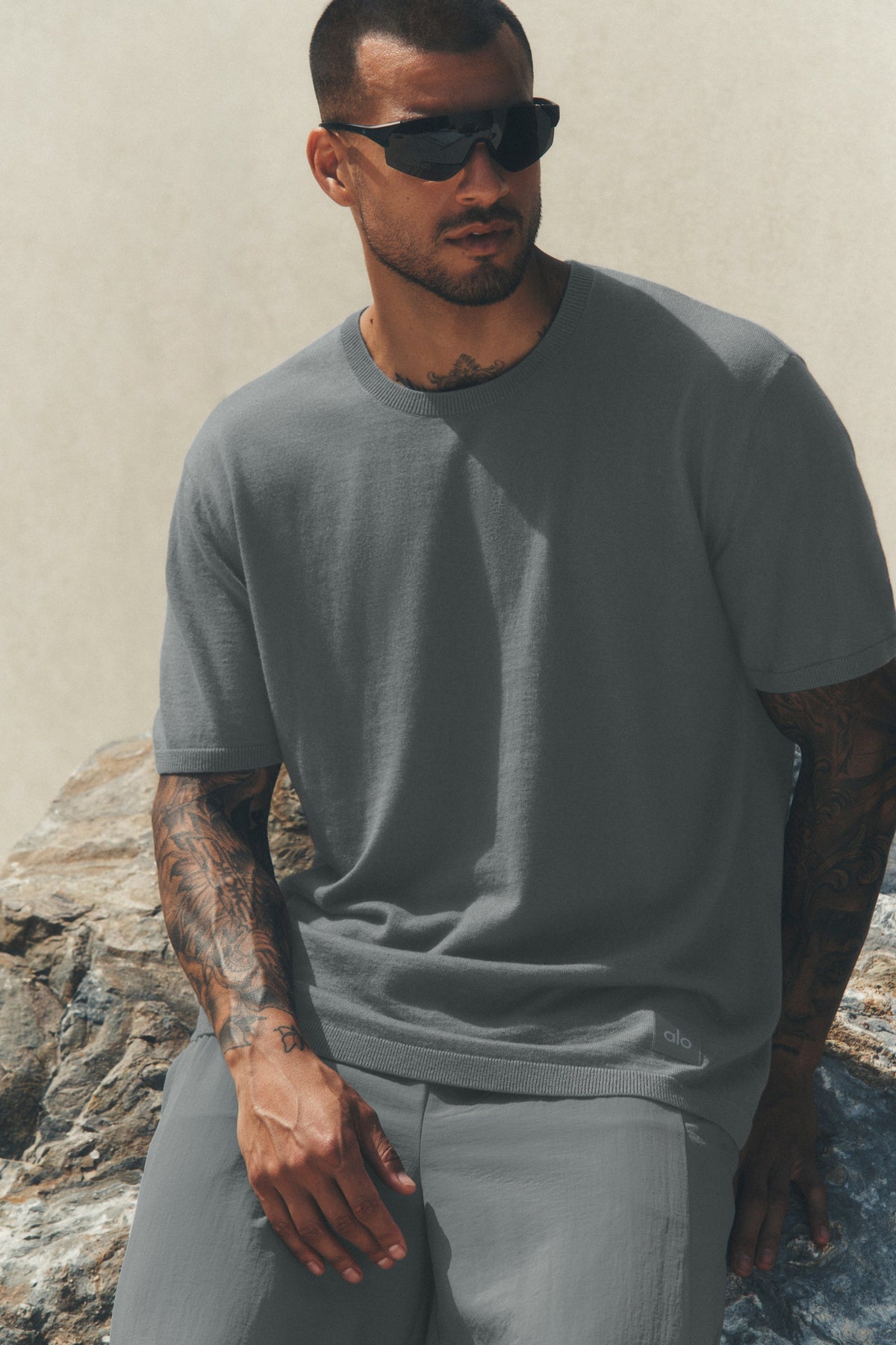 Alo Yoga Cashmere Blend Ever Soft Short Sleeve Crew in Monument