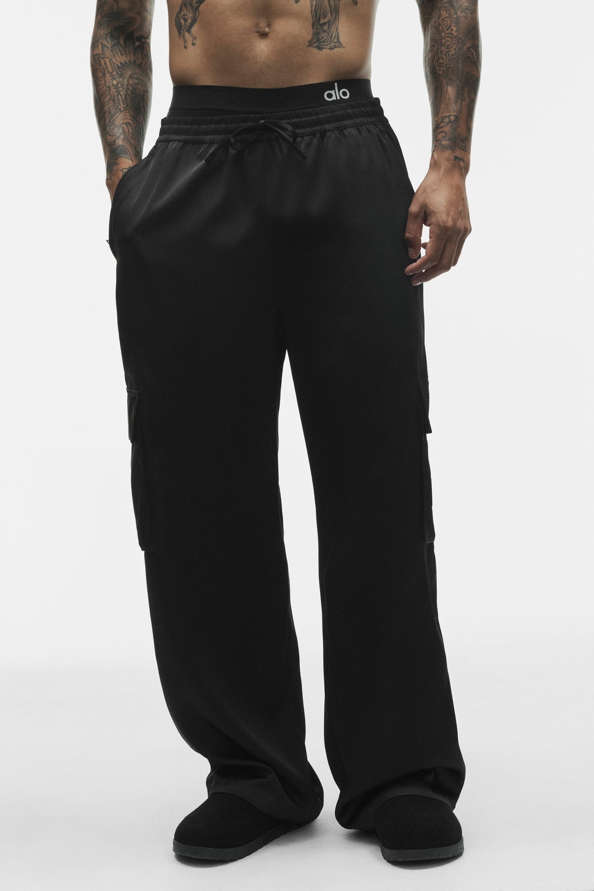 Alo Yoga Satin Horizon Straight Leg Cargo Pant in Black, product image 3 of 6