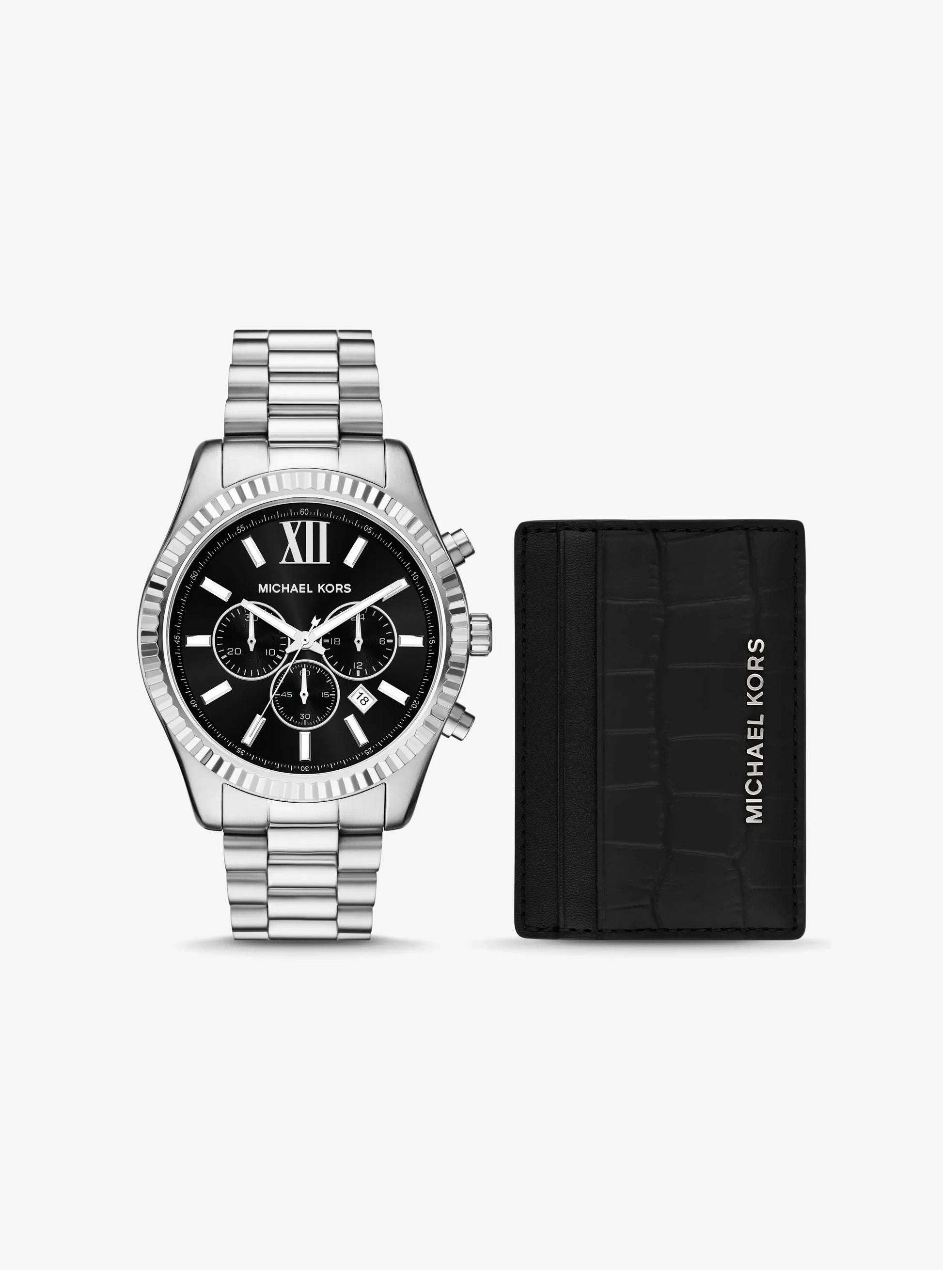 Women's Oversized Lexington Silver-Tone Watch and Crocodile-Embossed Leather Card Case Gift Set MK1091SET