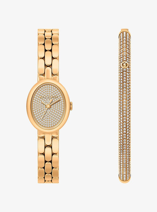 Women's Petite Maude Gold-Tone Watch and Pavé Bangle Jewelry Gift Set MK7596SET