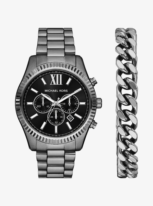 Men's Oversized Lexington Gunmetal Watch and Bracelet Gift Set MK9217SET