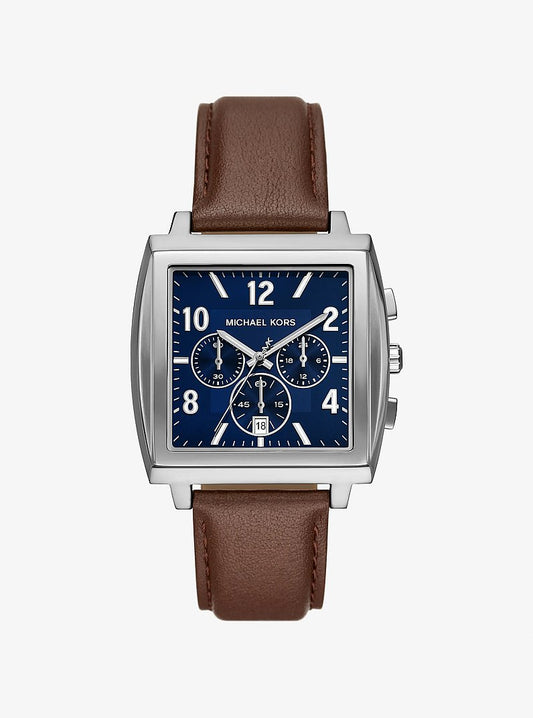 Men's Oversized Rhys Silver-Tone and Leather Watch MK9231