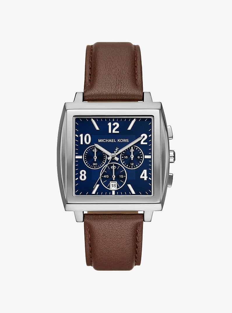 Men's Oversized Rhys Silver-Tone and Leather Watch MK9231