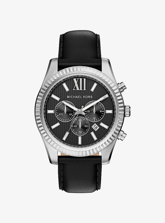Men's Oversized Lexington Silver-Tone and Leather Watch MK9256