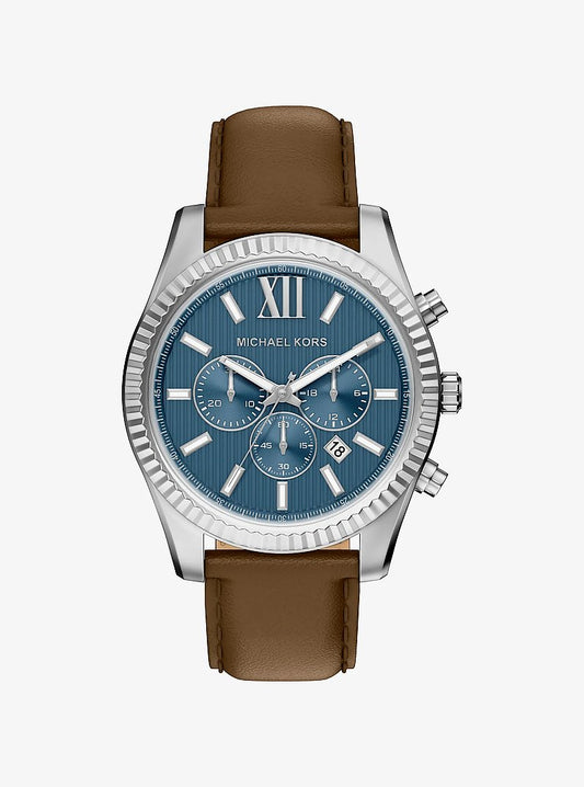 Men's Oversized Lexington Silver-Tone and Leather Watch MK9258