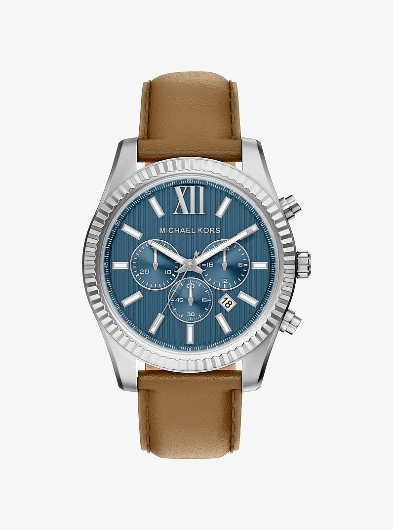 Men's Oversized Lexington Silver-Tone and Leather Watch MK9258