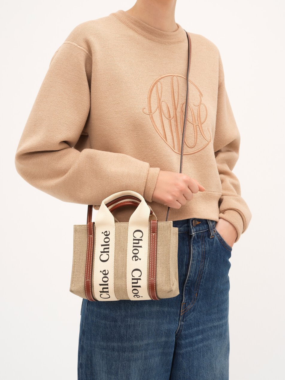 CHLOE Mini Woody tote bag in linen White - Brown by CHLOE