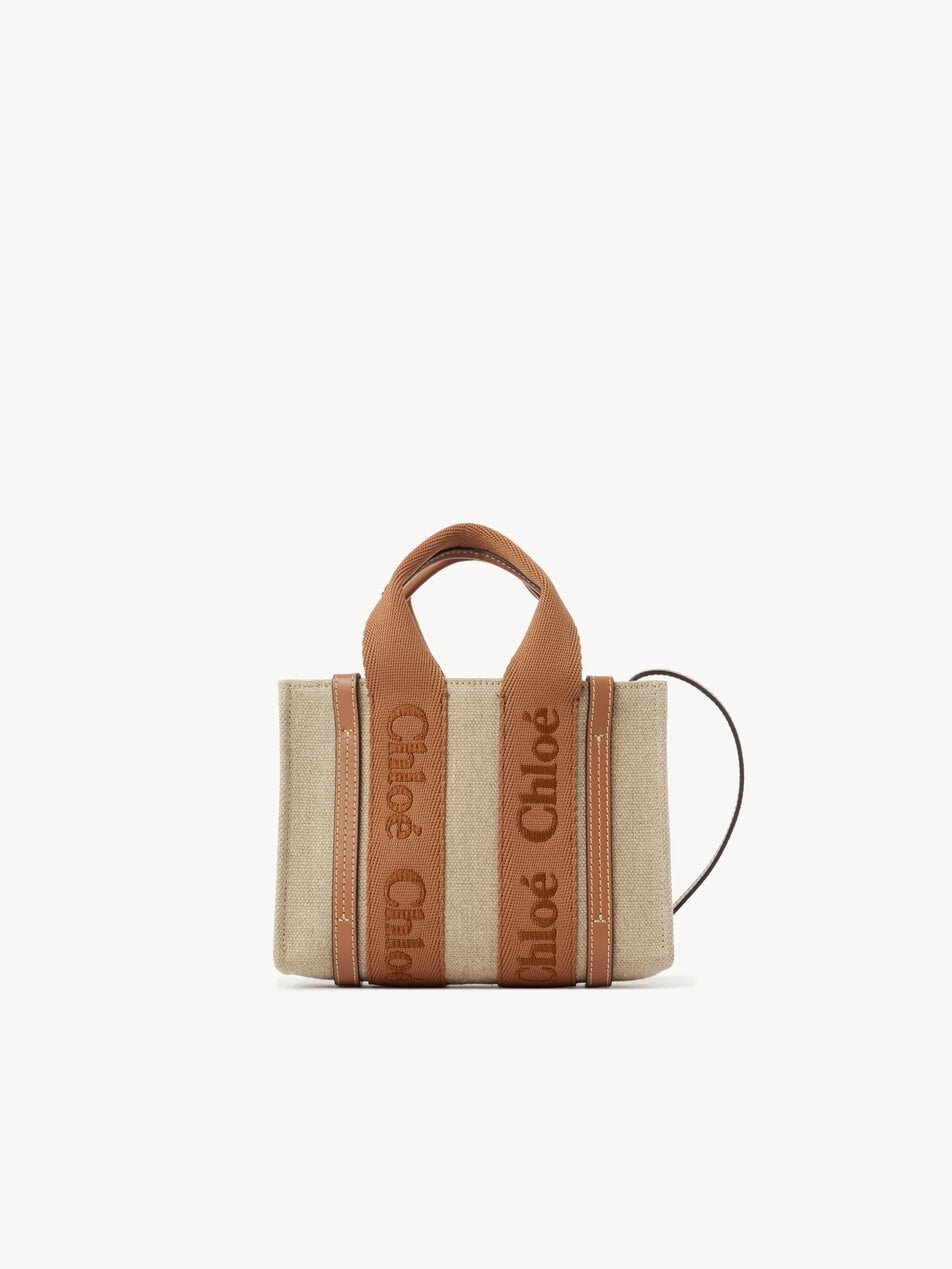 CHLOE Mini Woody tote bag in linen Dusty Tan by CHLOE