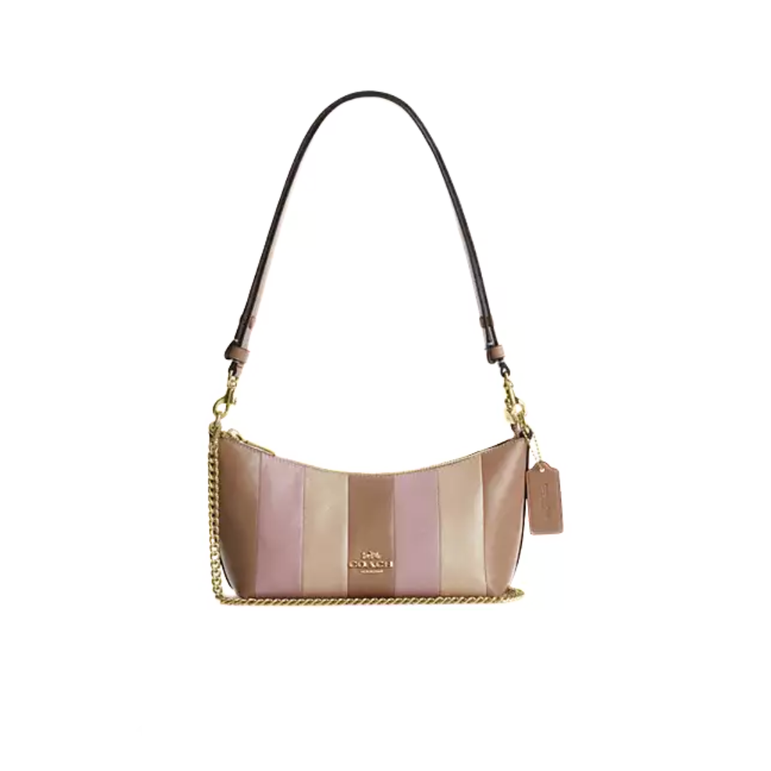 COACH Caitlin Shoulder Bag With Striped Patchwork crinkle leather Gold Taupe Multi by COACH