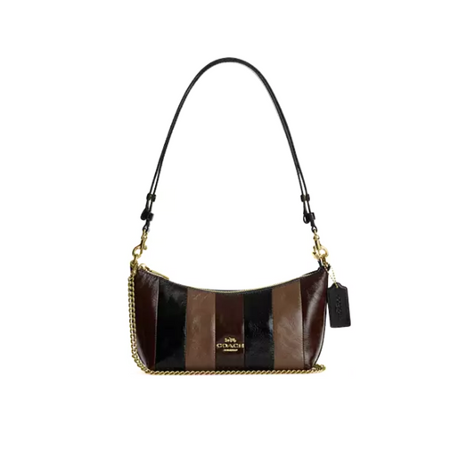 COACH Caitlin Shoulder Bag With Striped Patchwork crinkle leather Gold Black Multi by COACH