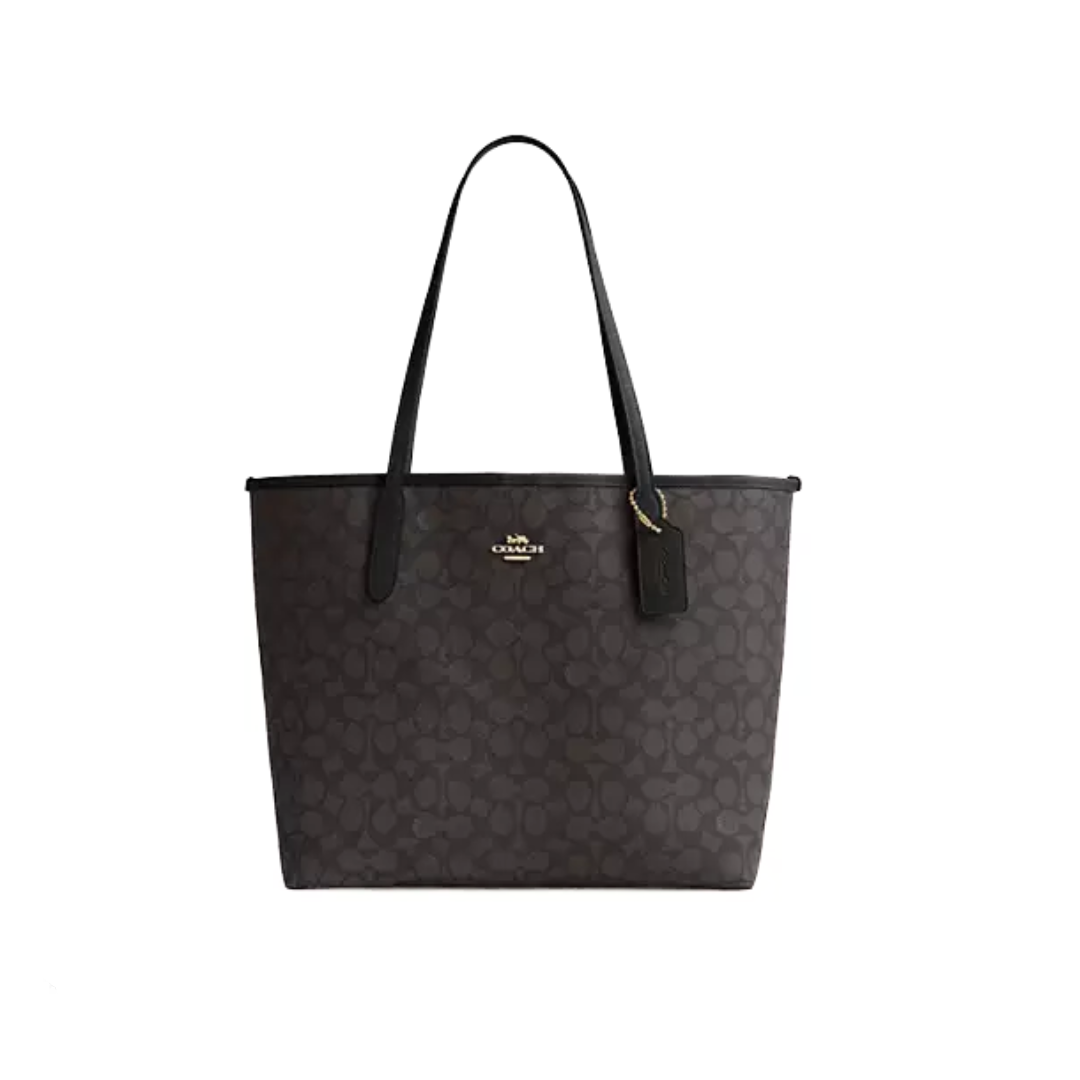Coach City Tote Bag In Signature Canvas Gold Walnut Black by COACH