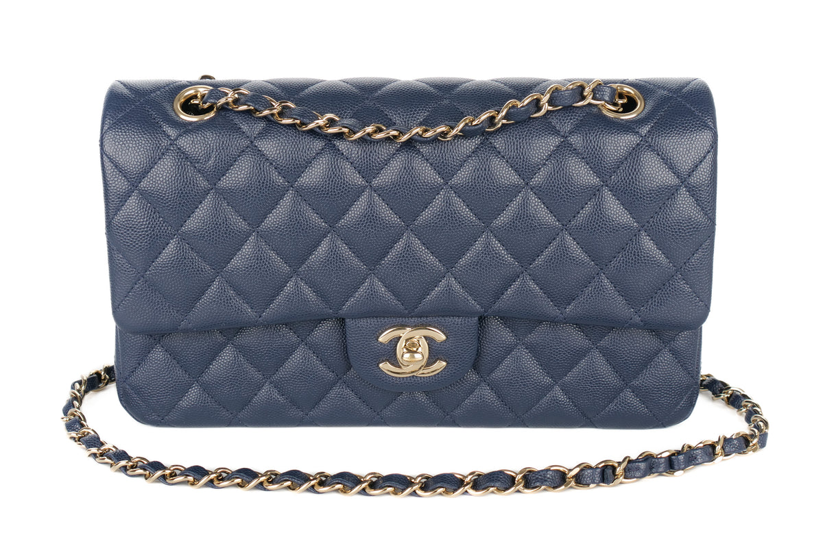 Chanel Medium Double Classic Flap Blue Navy Caviar Champagne Hardware - view 8