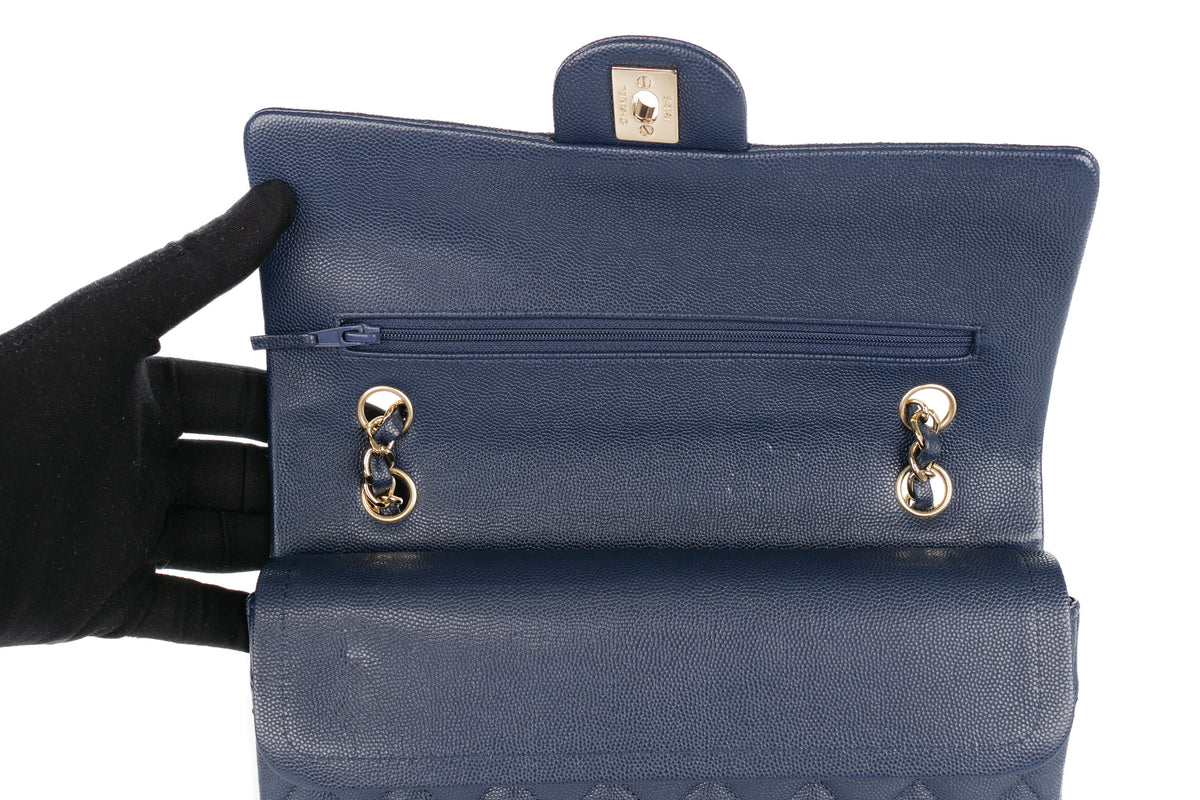 Chanel Medium Double Classic Flap Blue Navy Caviar Champagne Hardware - view 9