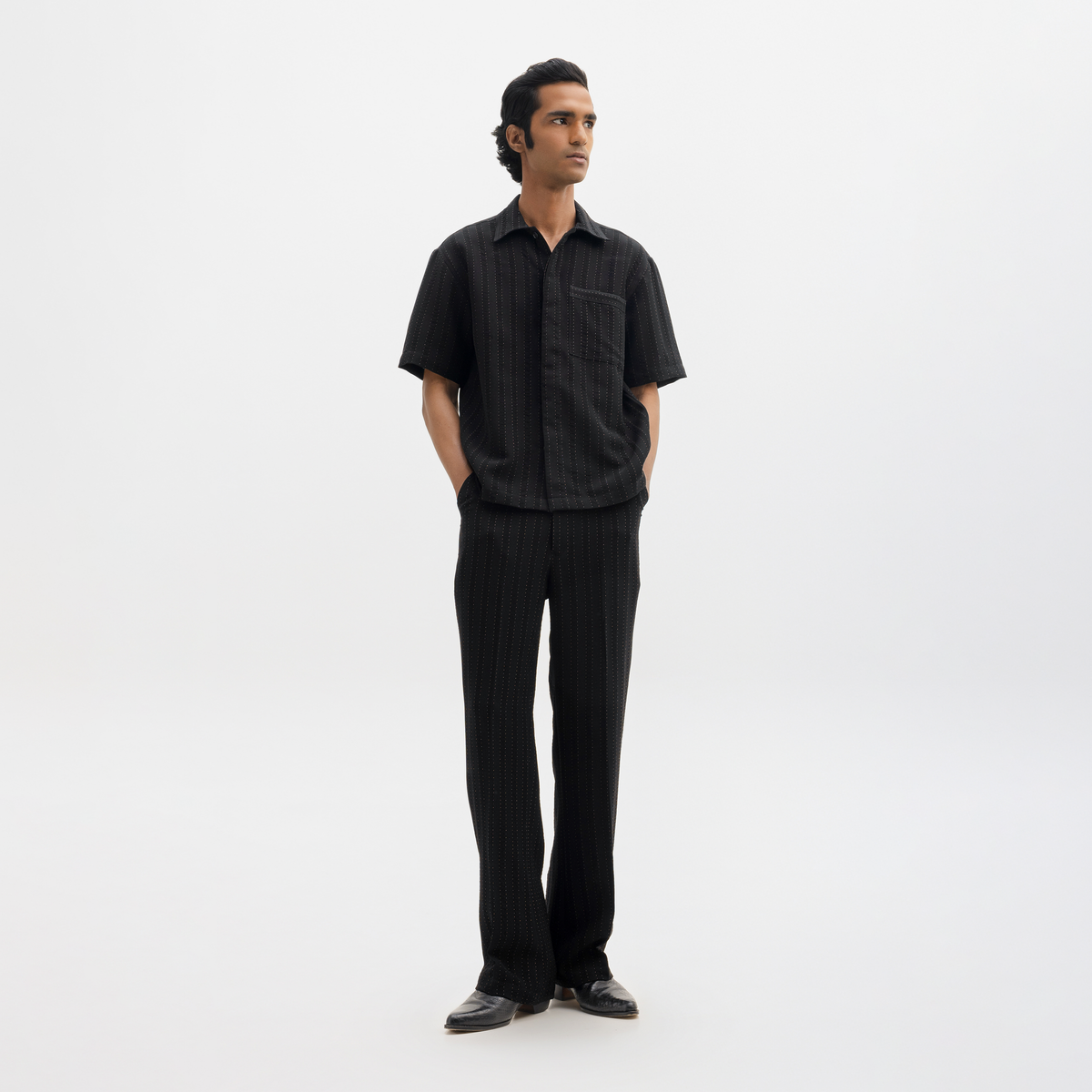 PINSTRIPE CUBAN SHIRT- JET BLACK by Warping Theories