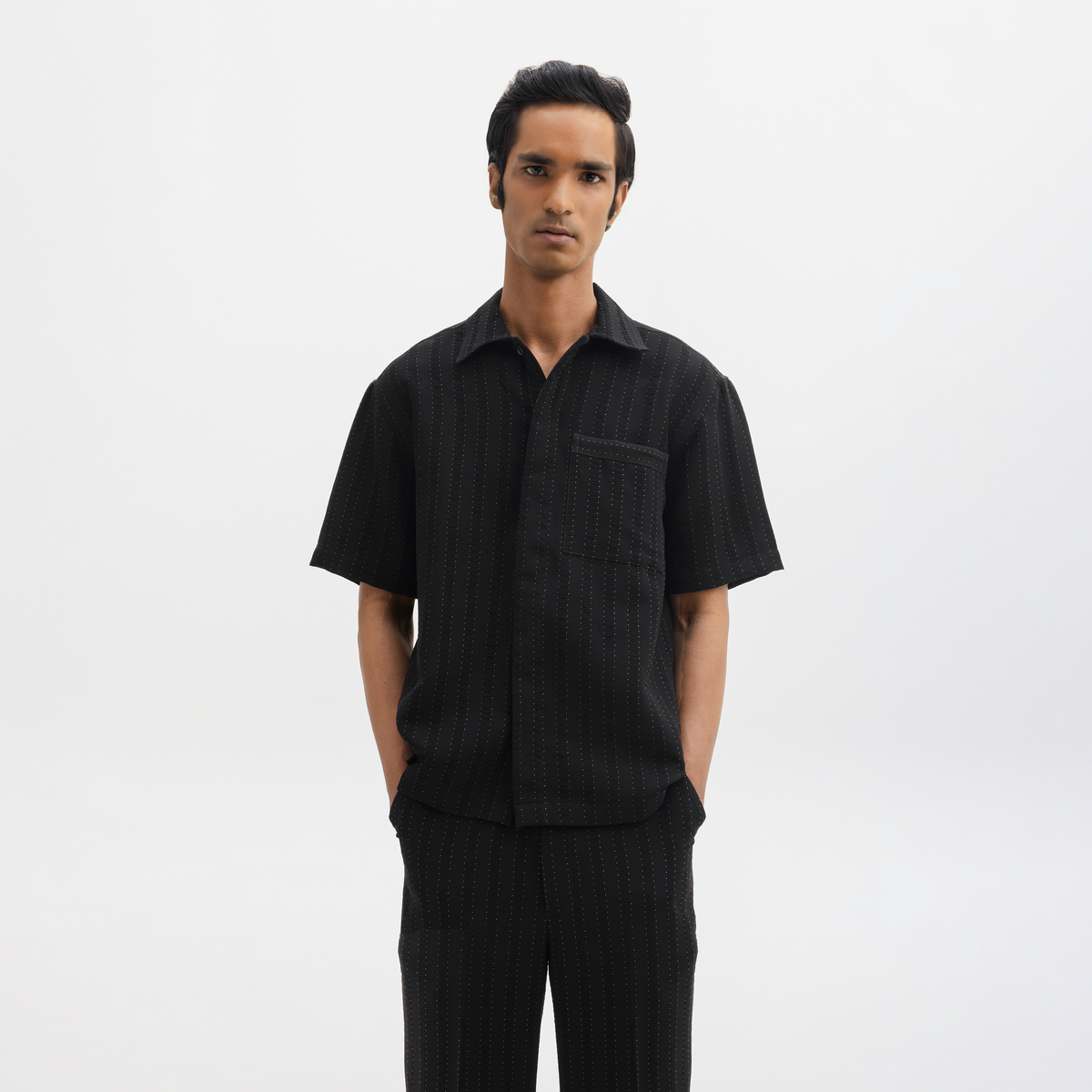 PINSTRIPE CUBAN SHIRT- JET BLACK by Warping Theories