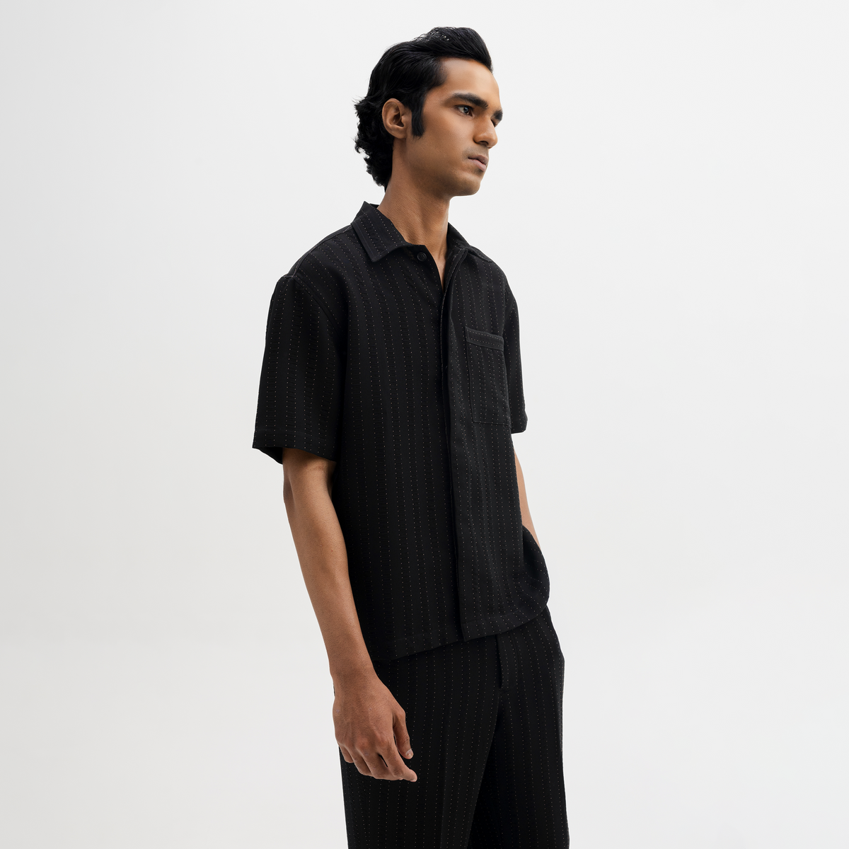 PINSTRIPE CUBAN SHIRT- JET BLACK by Warping Theories